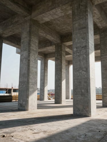 Wide-angle dramatic daylight shot of massive concrete pillars under construction, sharp shadows casting on concrete surfaces, industrial scale