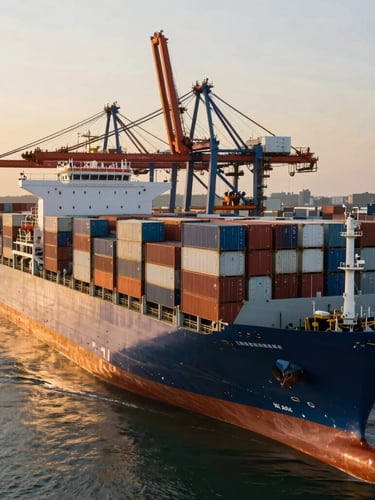 Massive container ship at port during dramatic golden hour daylight, high-angle environmental shot showing immense scale of global trade logistics.