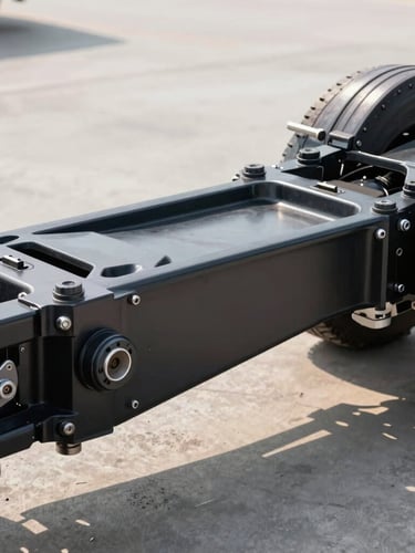Macro close-up of heavy-duty truck chassis and steel suspension components, industrial concrete background, sharp daylight