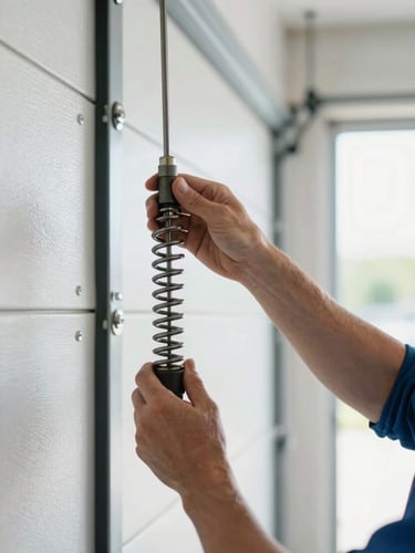 Close-up portrait shot of a technician's clean hands adjusting a heavy-duty torsion spring on a garage door, bright natural garage interior lighting, crisp cool tones, high contrast, shallow depth of field, 50mm lens, left-aligned portrait frame.