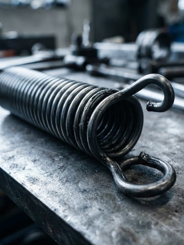Close-up, sharp industrial photography of a heavy-gauge steel torsion spring, crisp cool tones, high contrast, shallow depth of field, bright natural daylight.