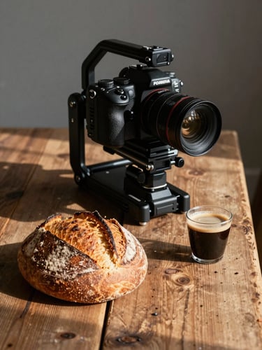 Portrait aspect, a camera rig positioned over a rustic wooden table with fresh sourdough and espresso, soft natural Scandinavian daylight casting deep rich shadows, high contrast.