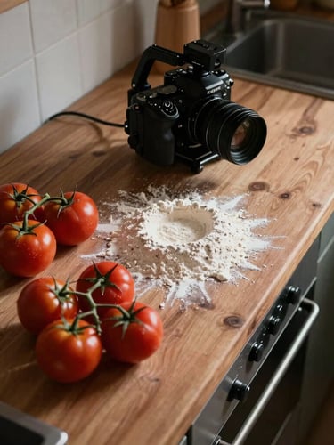 Overhead shot of a rustic wooden kitchen counter during morning prep. Soft Scandinavian daylight illuminates fresh tomatoes on the vine, a dusting of flour, and a camera rig positioned precisely above. Rich, deep shadows.