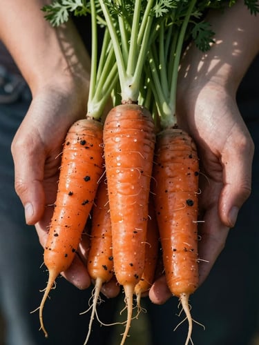 A close-up, high-contrast shot of hands holding freshly harvested heirloom carrots with damp soil clinging to the roots, soft Scandinavian morning daylight casting deep shadows.