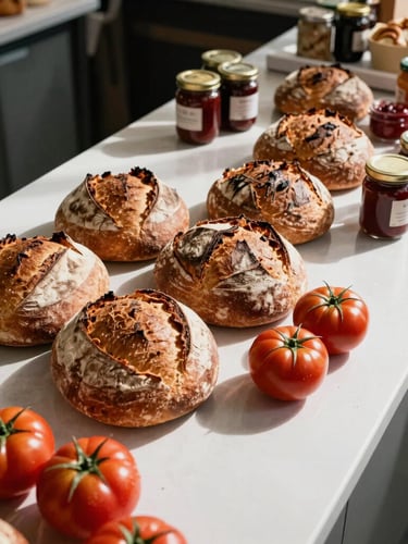 A top-down Scandinavian style shot of a modern market counter. Natural side light illuminates fresh crusted sourdough loaves, jars of preserves, and raw heirloom tomatoes casting rich shadows.