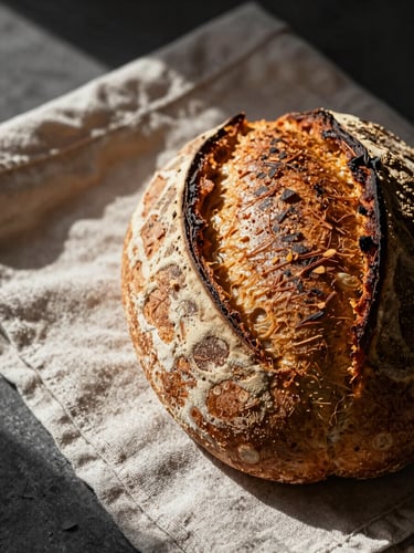 A close-up of a rustic linen napkin next to a freshly baked, deeply crusted sourdough loaf, dramatic side lighting casting long shadows.
