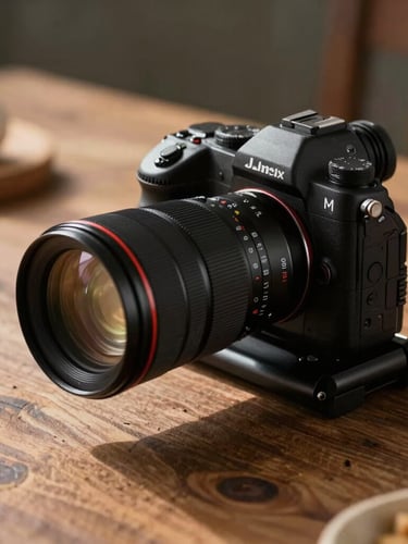 A professional camera rig with a macro lens positioned over a rustic wooden table, soft side lighting casting long shadows on raw ingredients