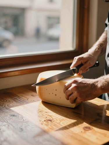 Warm environmental shot of the polished wooden counter at Los Incas deli, soft afternoon sun shining through the window, highlighting hands of the master slicing a cheese wheel with precision.