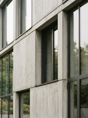 Architectural close-up of a minimalist concrete and glass facade, soft overcast daylight, muted natural tones, sharp shadows, 35mm film style.