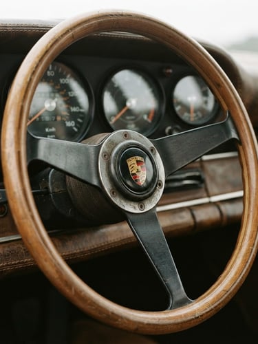 Extreme close-up of a vintage sports car steering wheel and textured leather dashboard, soft overcast daylight, editorial lifestyle photography, 35mm film.