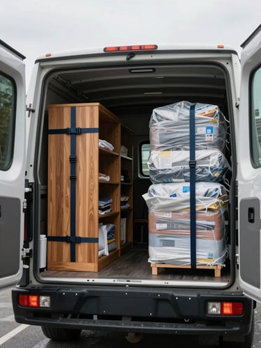 Interior of a packed moving truck, furniture wrapped in moving blankets stacked floor to ceiling, securing straps visible across wooden wardrobes, overcast daylight entering through the open rear doors