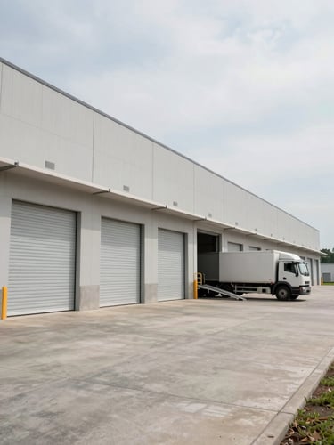 Wide environmental shot of a storage facility exterior at midday, a row of numbered roll-up doors on a clean concrete apron, overcast daylight, a single moving truck parked at one bay with ramp lowered, no people, neutral grey building facade