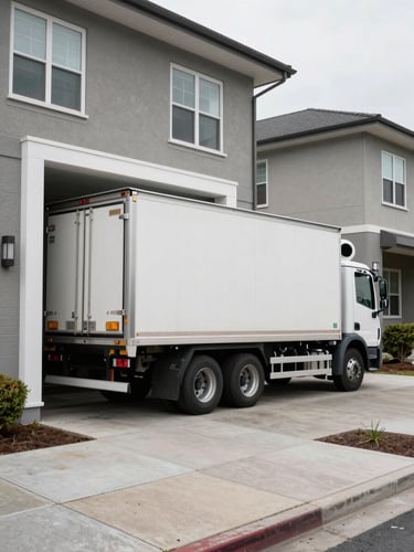 Wide environmental shot of a moving truck backed up flush to a residential apartment building entrance, ramp lowered to the sidewalk, natural overcast daylight, grey concrete and white doorframe visible, no people, scale of truck against building prominent