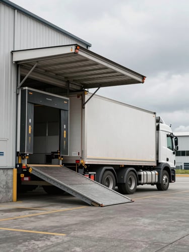 Environmental wide shot of a moving truck backed up to a loading dock at a warehouse entrance, ramp fully deployed, overcast natural daylight, grey concrete surroundings, no people visible, full scale of the truck and dock visible