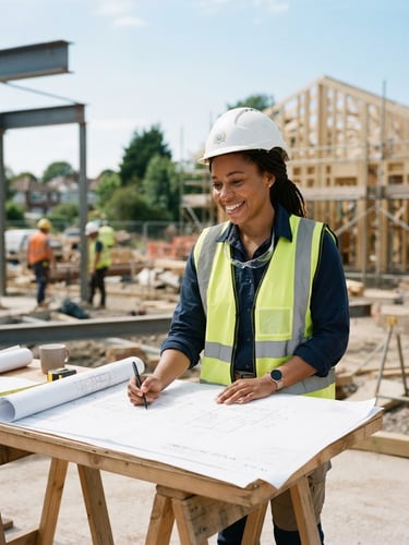 Bright natural daylight environmental portrait of a local community engineer reviewing architectural plans for a new clinic, 35mm lens, optimistic clean tones