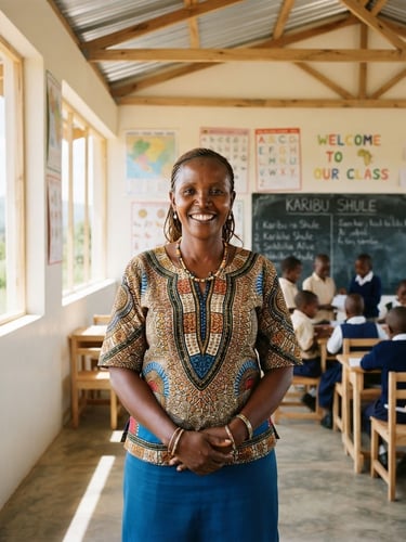 Bright natural environmental portrait of a local community leader standing in a sunlit, newly constructed modern classroom in East Africa, 35mm lens, optimistic clean tones