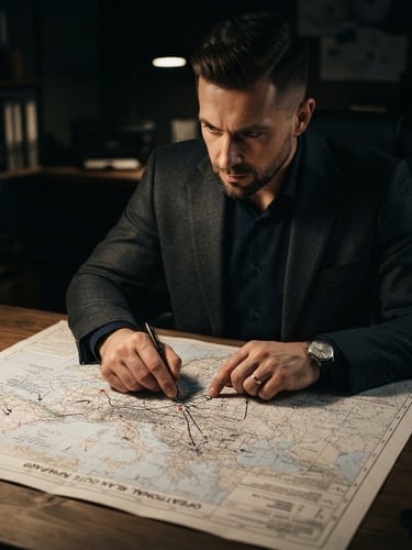 Specialist in a tailored dark suit, hands on a detailed route map, low-key dramatic lighting, focus on precision and planning.