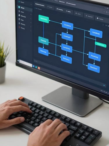 Close-up overhead view of a marketing automation dashboard on a dark monitor, workflow nodes connected by neon-blue lines, campaign metrics visible on screen, a Brazilian professional's hands on a mechanical keyboard in the foreground, clinical bright workspace light from the left, tight crop on the screen with keyboard edge in frame