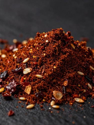 Macro shot of vibrant dry salsa macha powder, rich textures of toasted chili flakes, golden sesame seeds, and crispy garlic, dramatic low-key side lighting, deep charcoal-black background.