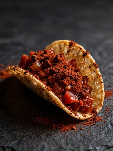 Moody food photography of rich rust-red salsa macha powder dusted over a crisp taco, dramatic side lighting, dark charcoal background