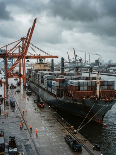 Wide-angle environmental shot of a container ship docked at an industrial port under dramatic overcast daylight, desaturated steel tones with high-visibility orange accents, 35mm film grain