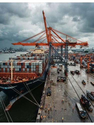 Wide-angle industrial shot of a massive container ship docked at a modern port, dramatic overcast sky, deep navy steel tones with high-visibility safety orange cranes in the background, 35mm film grain.
