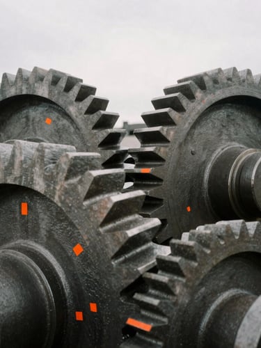 Macro close-up of heavy industrial steel machinery gears, overcast daylight, desaturated metallic tones with subtle orange paint markings, high-contrast shadows, 35mm film grain.
