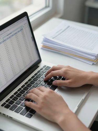 Close-up of hands typing on a laptop keyboard, financial spreadsheet visible on screen, organized documents stacked neatly beside the desk, bright clinical daylight from a side office window, minimal clutter, overhead angle slightly off-center