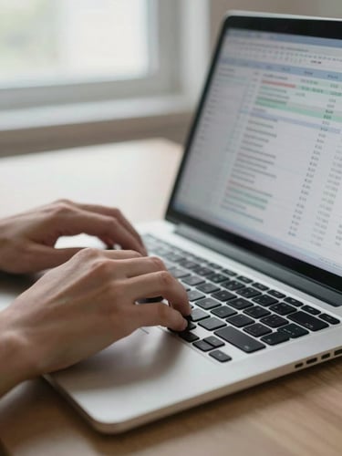 Close-up of hands typing on a laptop keyboard, financial spreadsheet visible on screen, clinical daylight from a nearby window, shallow depth of field, neutral desk surface