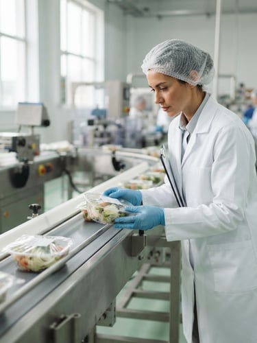 Professional quality inspector in clean white uniform and hairnet examining food packaging line, bright natural daylight, crisp focus, 35mm