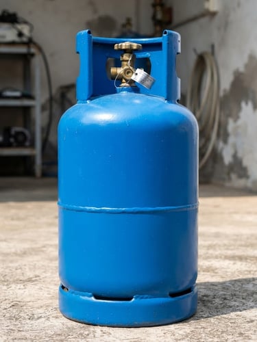 Straight-on eye-level shot of a clean, branded blue LPG cylinder with a sealed brass valve, bright natural daylight, high-contrast utility style