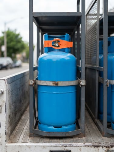Straight-on eye-level shot of a clean, bright blue LPG cylinder with a prominent orange safety seal, sitting securely on a delivery vehicle under bright natural daylight.