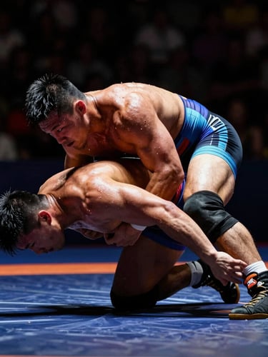 Tight dynamic action angle of a sweat-glistening wrestler mid-takedown under low-key spotlighting, deep shadows