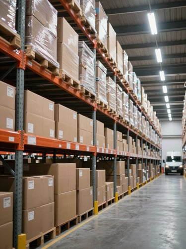 Wide panoramic view looking down a long warehouse aisle from the left edge, heavy steel shelving units loaded with sealed cardboard cargo boxes stretching toward a vanishing point on the right, cool overcast fluorescent task lighting casting flat even shadows, organized rows of labeled inventory in the foreground, no people visible