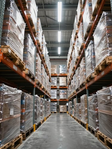 Wide warehouse aisle shot from a low angle, tall steel shelving units loaded with stacked pallets and shrink-wrapped cargo receding into the distance under cool industrial overhead lighting, sharp perspective lines converging toward the far wall, overcast tone, no people