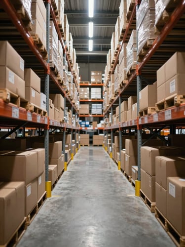 Wide shot looking down a long warehouse aisle, floor-to-ceiling steel shelving units loaded with uniform cardboard boxes on both sides, cool tungsten task lighting casting sharp parallel shadows, organized inventory receding into depth