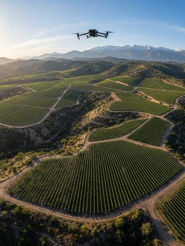 Extreme wide-angle aerial orthophoto of structured Chilean vineyards at sunrise, sharp topographic lines, DJI Mavic 3 Multispectral flying in the upper third, crisp morning light.