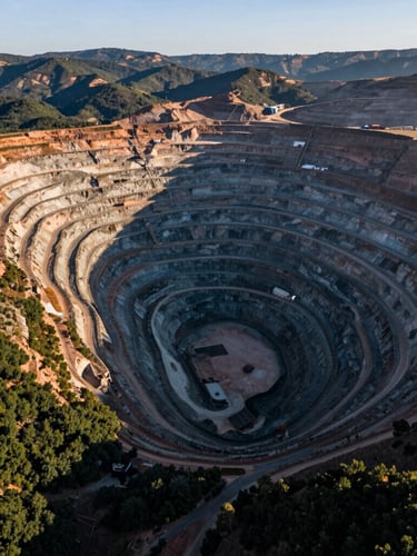 Extreme wide-angle aerial shot of a massive open-pit copper mine in northern Chile, dramatic morning light casting long shadows over terraces.