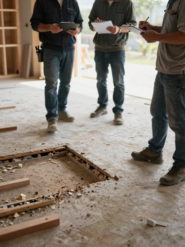Wide environmental shot of a job site walkthrough, a crew member pointing to a damaged section of subfloor while a second worker takes notes on a clipboard, natural light from an open doorway illuminating the scene