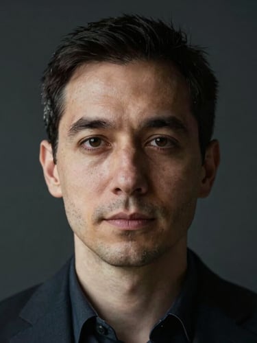 Close-up dramatic portrait of a male systems architect in soft natural side-light, dark minimalist background, high-contrast, professional and direct look, Space Grotesk vibe.