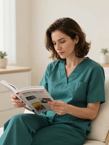 Retrato de una mujer de mediana edad, paciente, con expresión relajada y natural, sentada cómodamente en una sala de espera de una clínica estética, con luz natural y decoración serena en tonos marfil y verde petróleo, leyendo una revista.