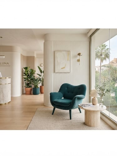 Interior de una clínica de medicina estética moderna y serena en Alicante, con luz natural difusa, tonos marfil y verde petróleo, una silla de diseño y plantas discretas, vista panorámica 21:9.