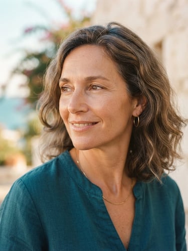 Close-up portrait of a serene woman in her late 40s, looking confidently to the side, with luminous, natural skin texture, soft smile. Bright Mediterranean daylight, soft ivory and deep teal tones, shallow depth of field, 35mm.