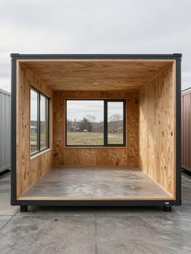 Wide architectural interior of a compact 36 square meter modular unit, north-facing daylight through a full-width window, raw plywood wall panels and poured concrete floor, empty room emphasizing proportion and structural geometry, overcast diffuse light, no furnishings