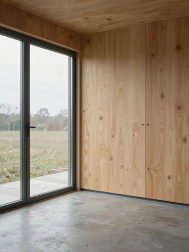 Wide architectural interior of a compact modular room, north-facing daylight through a floor-to-ceiling window, raw plywood wall panel meeting a poured concrete floor, precise steel door frame detail, empty space emphasizing proportion, overcast soft light, no furnishings, no people