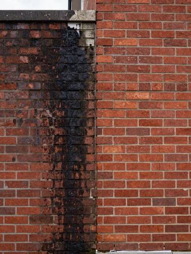 Close split before-and-after of a Longueuil residential brick wall: left half dark with black mould streaks and grime, right half freshly pressure-washed showing clean red brick under flat overcast daylight, sharp dividing line down the centre