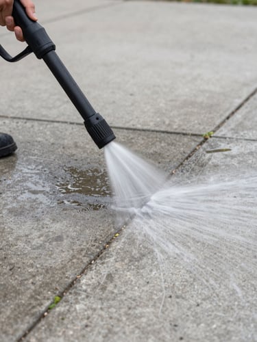 Close-up of a professional pressure washer nozzle inches above a concrete driveway surface, overcast daylight, water jet visible cutting through an oil stain, before side still dark with grime, after side pale clean concrete