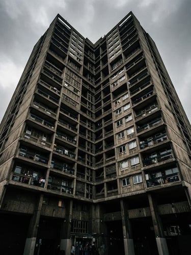Low-angle shot looking up at a brutalist concrete building in East London, harsh overcast daylight, deep shadows, desaturated industrial tones, 35mm film
