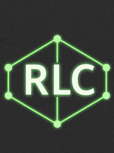 Crisp technical vector schematic of an RLC circuit, high-contrast slate background with glowing neon green lines, clean geometric isometric projection, portrait crop.