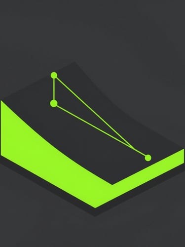 A crisp technical schematic of classical mechanics force vectors on an inclined plane, flat digital-backlit illumination, high-contrast slate and neon green, clean geometric lines, isometric.